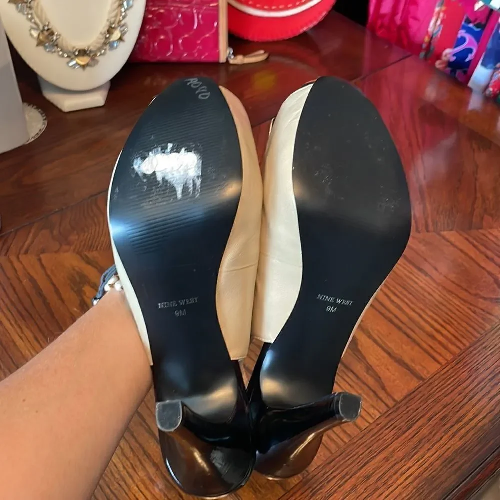 Nine West ivory leather black patent and gold accent slingback platform heels